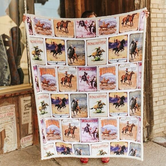 Lucky & Blessed Western Cowboy Poster Sherpa Throw Blanket Vintage Rustic NEW - Picture 1 of 6